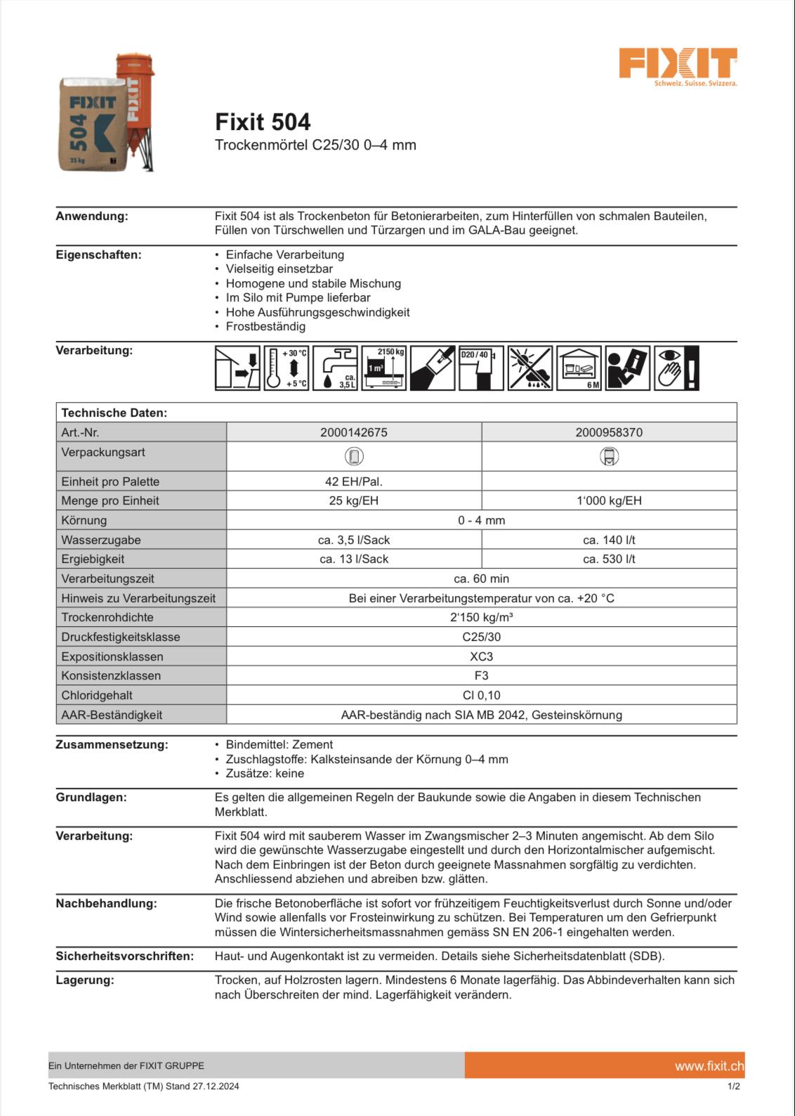 Fixit 504 Trockenmörtel C25/30 0–4 mm = 25 KG – Bild 2