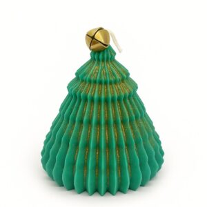 Grüne Sojawachs-Kerze im Tannenbaum-Design mit Gold-Glitter. Handgemacht in der Schweiz. Perfekt für Weihnachtsdeko & Geschenke.