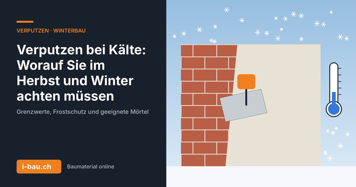 Verputzen bei Kälte: Mauerwerk mit Putz und Kelle, Schneeflocken und Thermometer im Winter