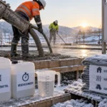 Betonieren im Winter: frischer Beton auf der Baustelle bei Frost, geschützt mit Frostschutzmittel und Abdeckung