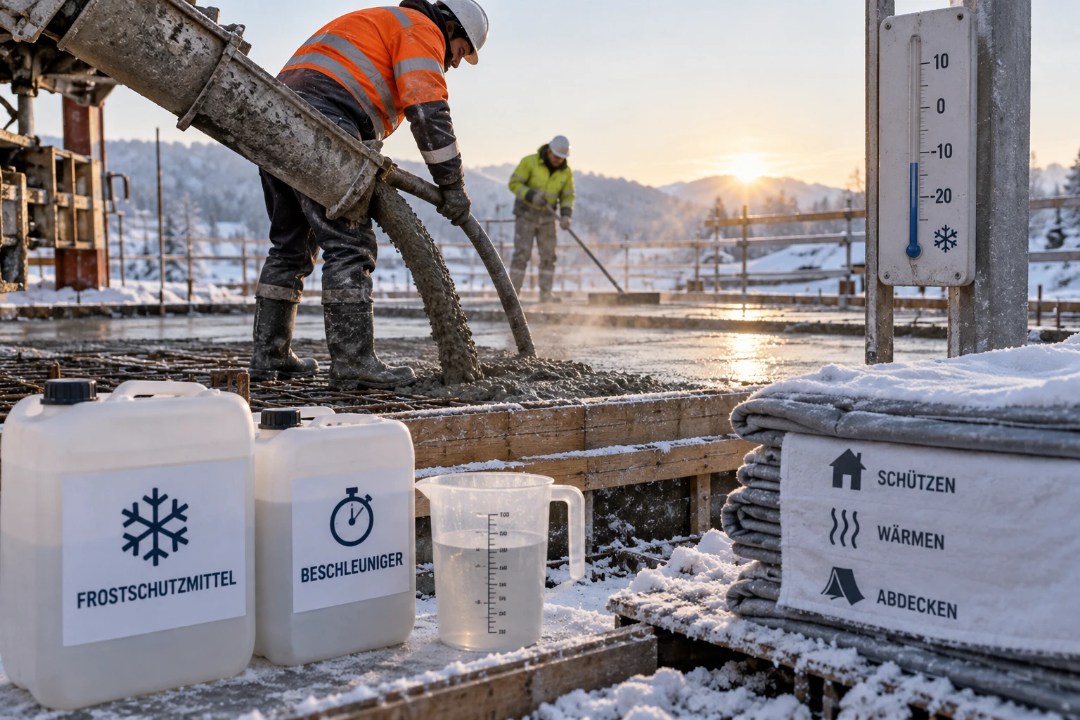Betonieren im Winter: frischer Beton auf der Baustelle bei Frost, geschützt mit Frostschutzmittel und Abdeckung