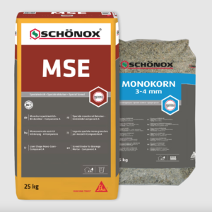SCHÖNOX MSE Bindemittel 25 kg und SCHÖNOX MONOKORN 3-4 mm für drainagefähigen Estrich