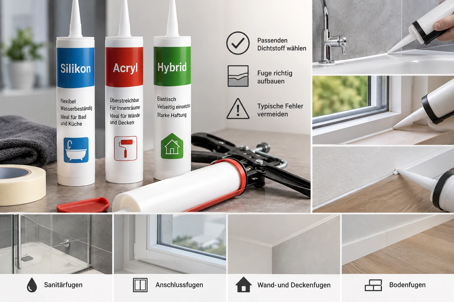 Fugen abdichten mit Silikon, Acryl oder elastischem Hybrid-Dichtstoff – Dichtstofffuge mit der Kartuschenpistole ziehen